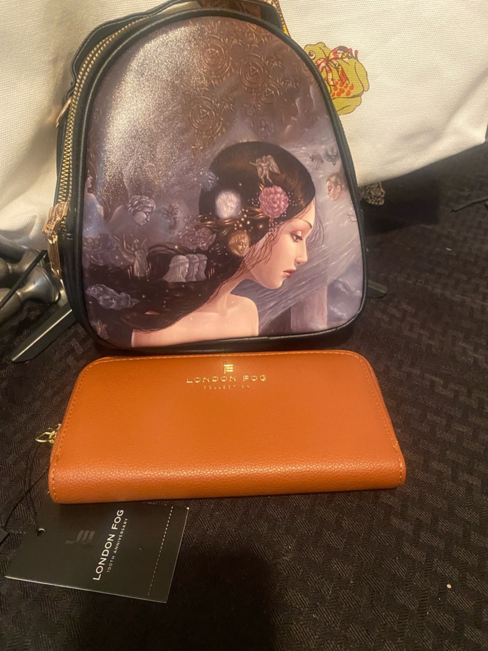 London Fog Tan Leather Zip-Around Wallet 8x4” w/mini backpack 7x9”
